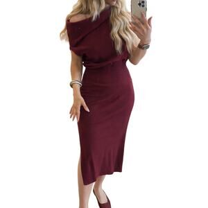 Elan Off Shoulder Burgundy Wool Blend Sweater‎ Dress Size L